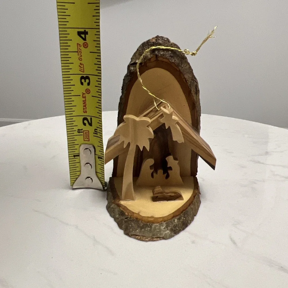 Handcrafted Olive Wood Grotto Nativity Holy‎ Family Live Edge Christmas Ornament